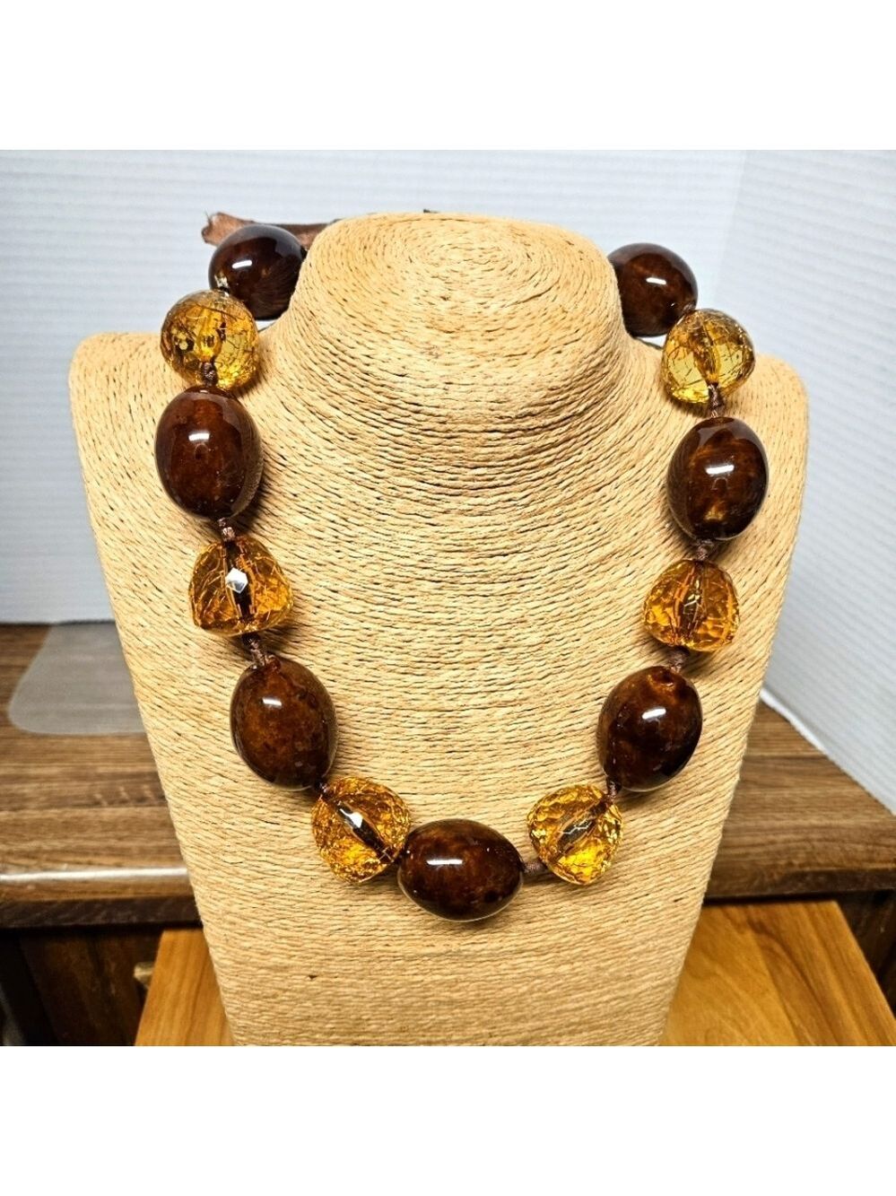 Brown Ceramic and Gold Crackle Beaded Necklace
